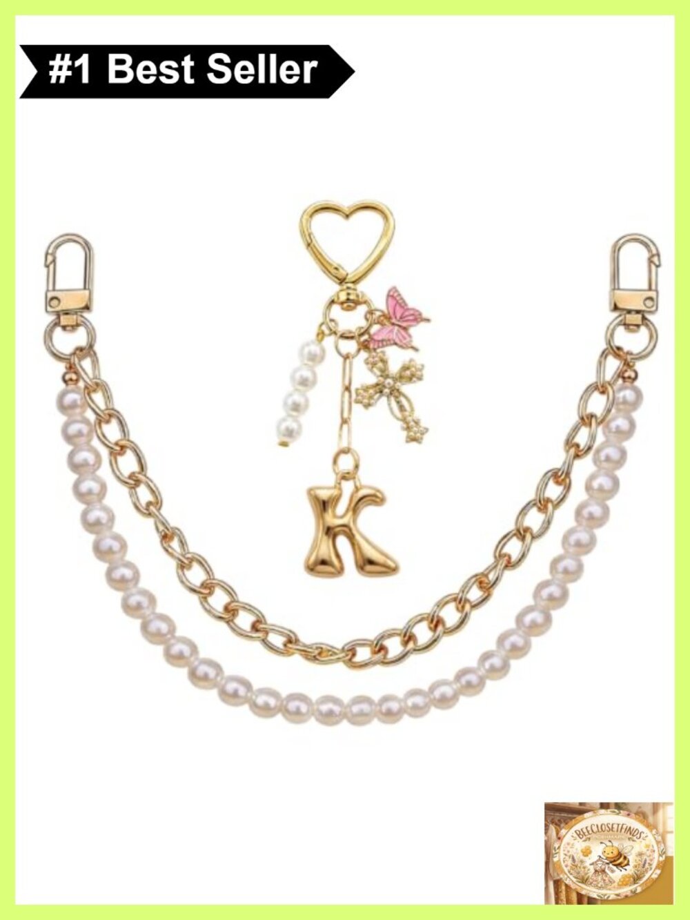 Initial Keychain Set Bubble Letter Charm Pearl Bag Chain Keyring